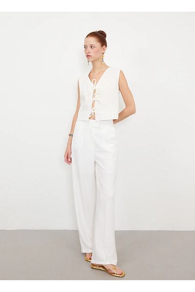My Blog White Wide Leg Trousers with Velcro Closure - 3169