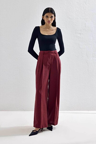 Hooopstore Lyocell Cupra Kumaş Pileli Palazzo Bordo Pantolon