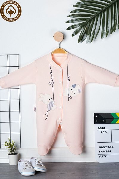 Miniel 3-6-9 Months Unisex Baby Rabbit Embroidered Organic Cotton Jumpsuit with Booties