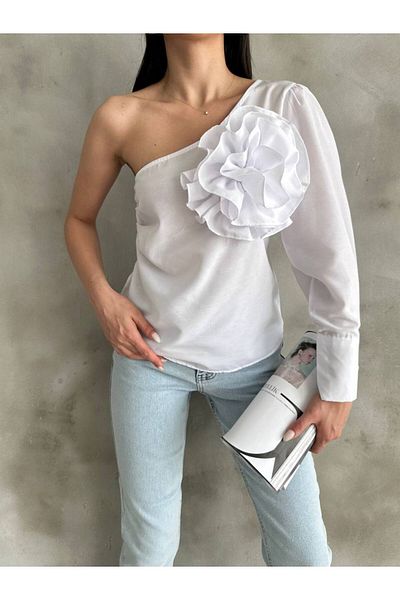 LE CARAMBOLE Women's White Blouse with One Shoulder and Rose Detail