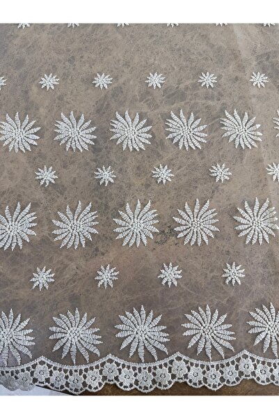 METERİAL قماش دانتيل تول منقوش بنجمة بيضاء مقاس 130 سم - موديل أنيق مع حدود على الحافة