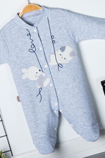 Miniel 3-6-9 Months Unisex Baby Rabbit Embroidered Organic Cotton Jumpsuit with Booties