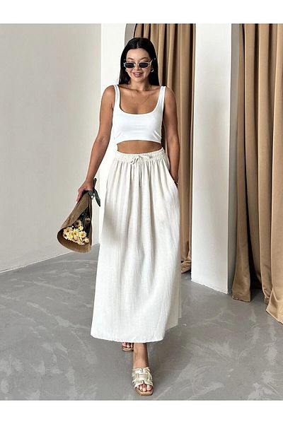 Laluvia Natürlicher Leinenrock aus 100 % Baumwolle mit dicker Taille und Gummizug – 1142