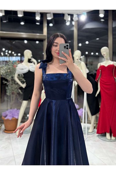 missswans Lilit Strap Bow Detailed Low Back Midi Length Shiny Evening Dress Navy Blue