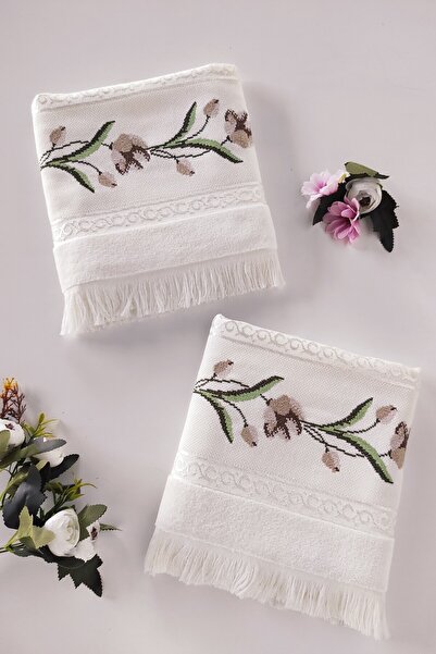 Sevim Набір рушників з вишивкою канваце з трояндами, 2 шт. - 50x90 см - кремовий