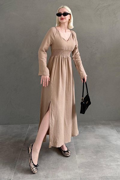 Seeh Φόρεμα Mink V-Neck μακρυμάνικο με σχισμή Sh228
