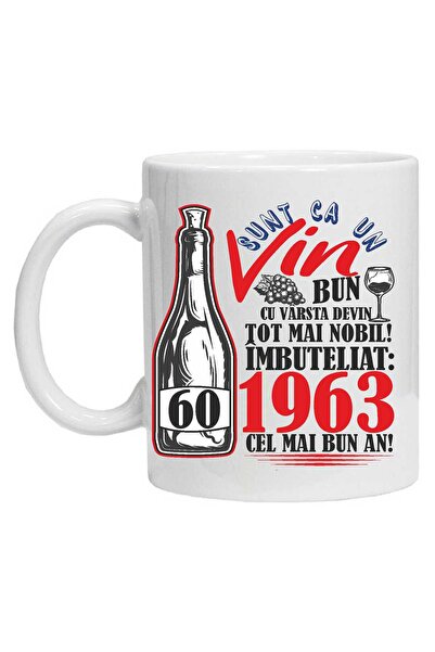 OEM Cană albă personalizată „Un vin bun 1963” 60 de ani, INOVATIX®. 330ml