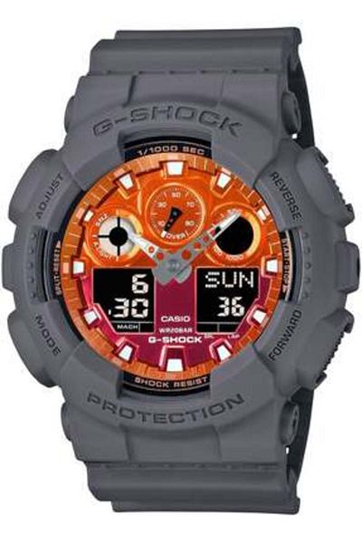 Casio ساعة جي شوك للرجال، تناظرية ورقمية، لون برتقالي نابض بالحياة - GA-100FL-8ADR