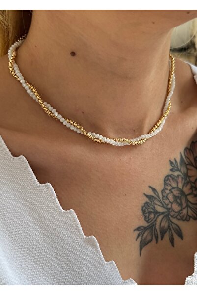 takıtarzım Crystal White Gold Chain Wrapped Women Necklace