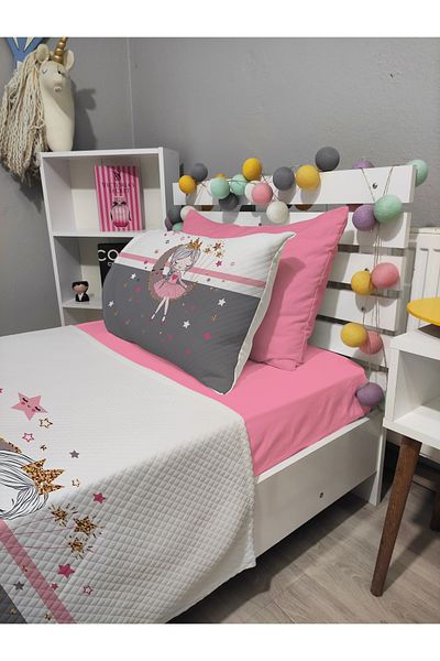 yok yok evim eve dair her şey 4 Piece Girl Sitting on the Moon Patterned Single Pi̇ke Bedspread Set with Elastic Sheets