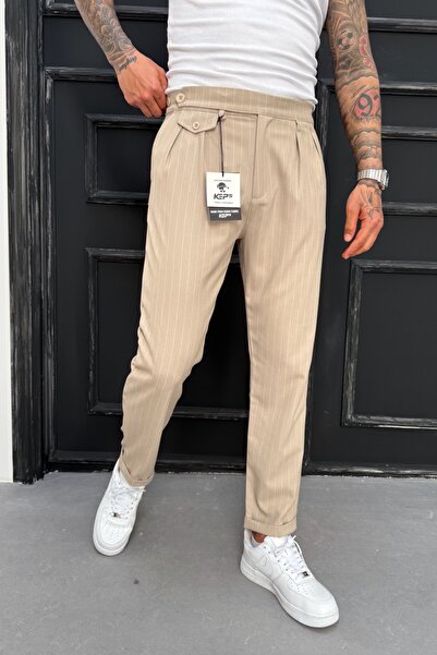 MADZEYMODA Ανδρικό παντελόνι Boyfriend Mold Διπλό Πλισέ Μπεζ υφασμάτινο παντελόνι KE-1025