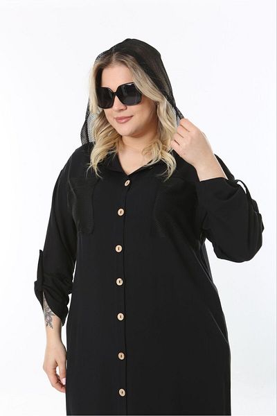 Şans Women's Large Size Black, Front Buttoned, Mesh Detailed, Hooded Long Dress 65N38955