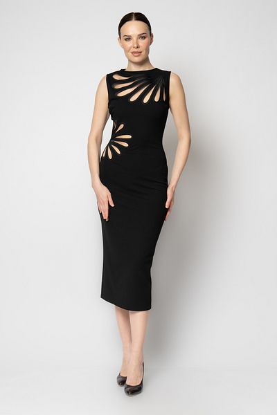 RENGIN Crepe Evening Dress with Laser Flower Cut on the Waist and Neckline