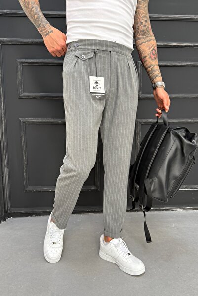 MADZEYMODA Men's Boyfriend Mold Double Leg Pleated Gray Fabric Trousers Ke-1025