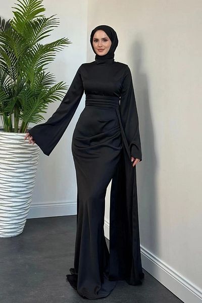 Abiye Diyarı Γυναικείο Cape Satin Fish βραδινό φόρεμα-Μαύρο