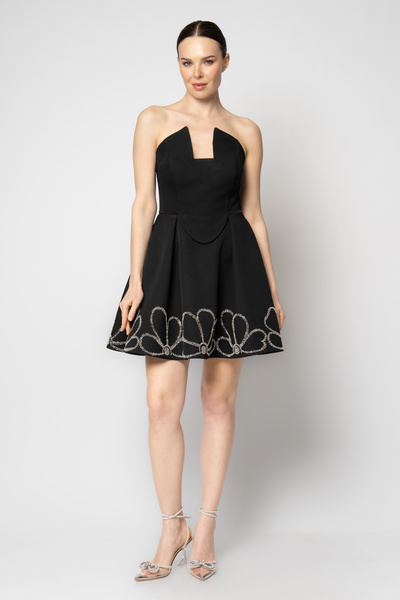 RENGIN Etek uçları çiçek desen taşlı krep abiye elbise