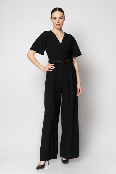 RENGIN Flounced Short Sleeve Belt Crepe Evening Dress Jumpsuit