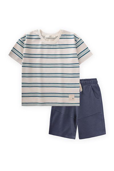 Cigit Striped Pocket Capri Suit 2-10 Years Old Navy Blue Striped