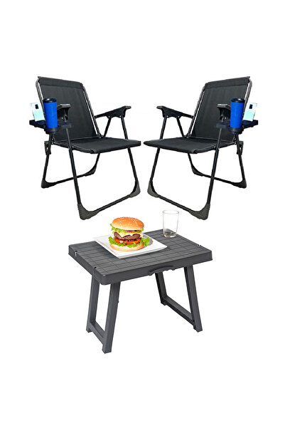 KS KampSeti 2 Adet Katlanır Kamp Sandalye ve Plastik Masa Seti-Taşınabilir Pi...