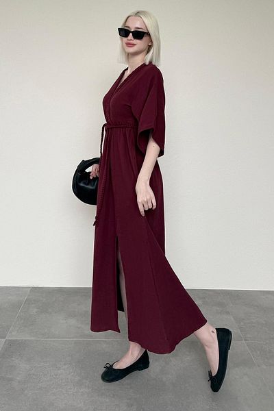 Seeh Rochie burgundă 100% bumbac, cu decolteu în V, cu detaliu tricotat, cu fantă Sh227