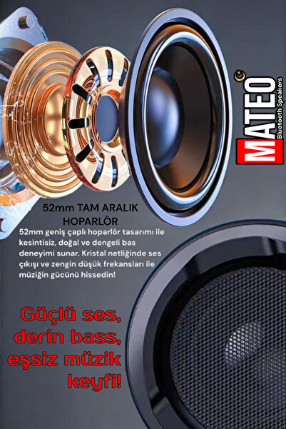 MATEO Işıklı Bluetooth Hoparlör 10W Güçlü Bass, Mikrofonlu, 1800mAh Şarjlı, Kablosuz Müzik Keyfi