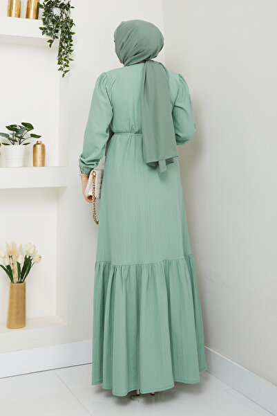 A S HAZIR GİYİM BİYE KEMER DETAYLI KOLU LASTİKLİ KABARTMA KUMAŞ GÜNLÜK KULLANIMA UYGUN ELBİSE