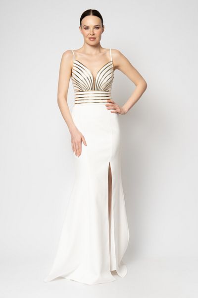 RENGIN Roba Patent Leather Piping Thin Straps Crepe Evening Dress