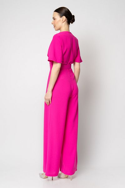 RENGIN Flounced Short Sleeve Belt Crepe Evening Dress Jumpsuit