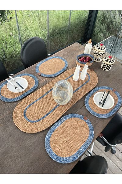 homeınn 4-Person Tableware Dowry Set-Stain Resistant 6 Pieces 4 Pieces of American Service, 1 Piece Runner, 1 Piece Basket