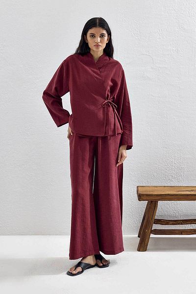Hooopstore Lace Detailed Lyocell Cupra Burgundy Kimono Set