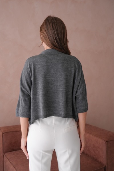 WOMAN VISION Knitwear Fabric Polo Neck Oversize Fit Crop Anthracite Women's Blouse 002