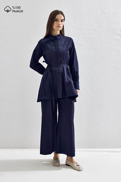 Hooopstore Cosmo Waist Detailed Cotton Navy Blue Trousers Suit