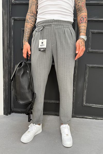 MADZEYMODA Ανδρικό παντελόνι Boyfriend Mold Double Leg Πλισέ γκρι υφασμάτινο παντελόνι KE-1025