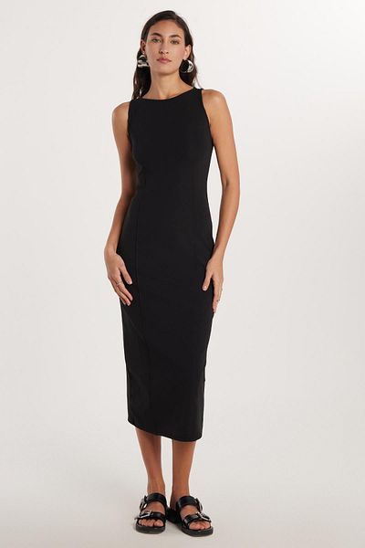 Tudors Rochie neagră pentru femei, slim fit, cu bretele, cu decolteu