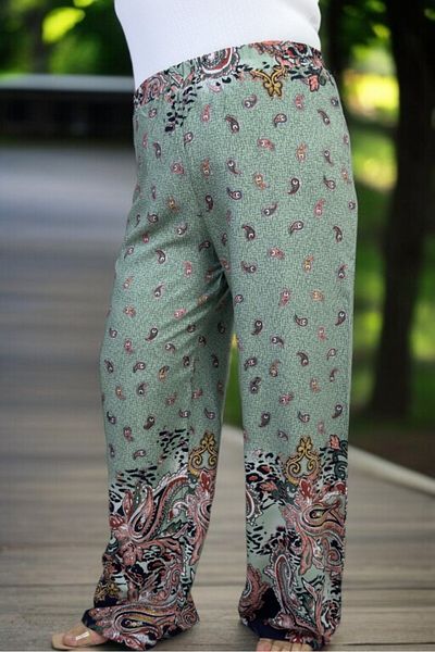 yagmurberen Ethnic Patterned Elastic Waist Full Lycra Extra Large Size Cotton Viscose Summer Pants