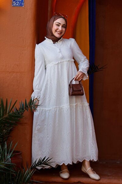 LOCCO Yaka Baglamalı Dantellı Elbıse Beyaz