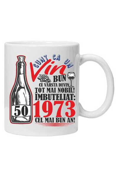 OEM Cană albă personalizată „Un vin bun 1973” 50 de ani, INOVATIX®. 330ml