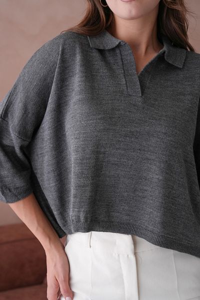 WOMAN VISION Πλεκτό ύφασμα Polo γιακά Oversize Mold Crop Anthracite Γυναικεία Μπλούζα 002