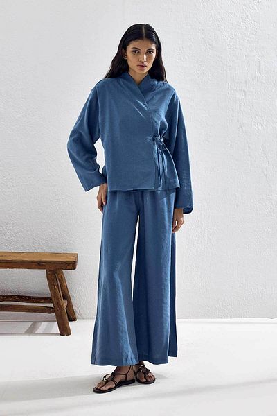 Hooopstore Set kimono Lyocell Cupra Indigo cu detaliu din dantela