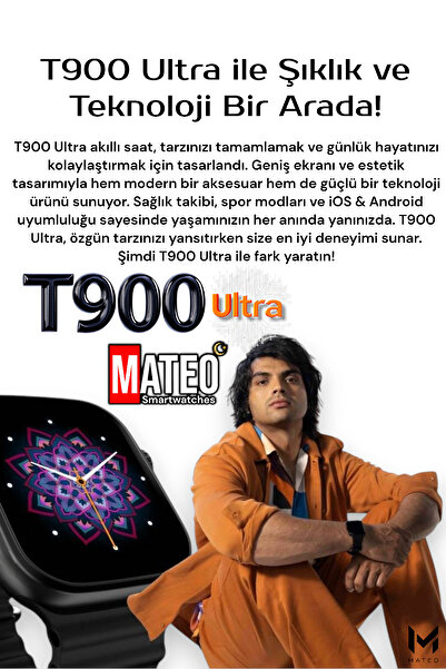 MATEO T900 ULTRA Akıllı Saat Siyah 49mm Bluetooth, Arama Özellikli, Sağlık Sensörlü, iOS & Android Uyumlu