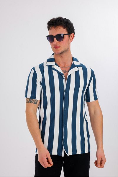 Decas Lucida κοντομάνικο ριγέ πουκάμισο - Navy Blue