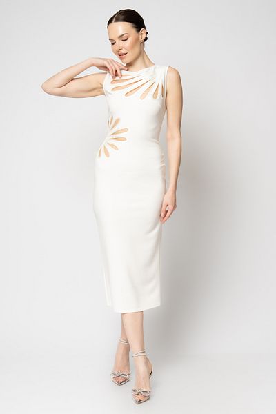 RENGIN Crepe Evening Dress with Laser Flower Cut on the Waist and Neckline