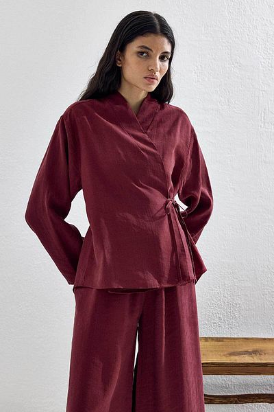 Hooopstore Lace Detailed Lyocell Cupra Burgundy Kimono Set