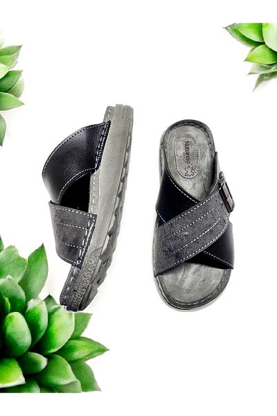 GEZER Men's Leather Insole Buckle Adjustable Soft Home and Outdoor Slippers