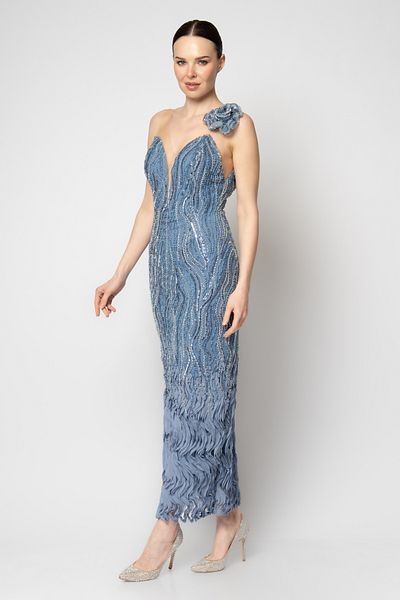 RENGIN One Shoulder Flower Tulle Strap Skirt Hem Wave Evening Dress
