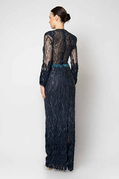 RENGIN Göğsü ve beli renkli taş işli uzun kollu payet abiye elbise