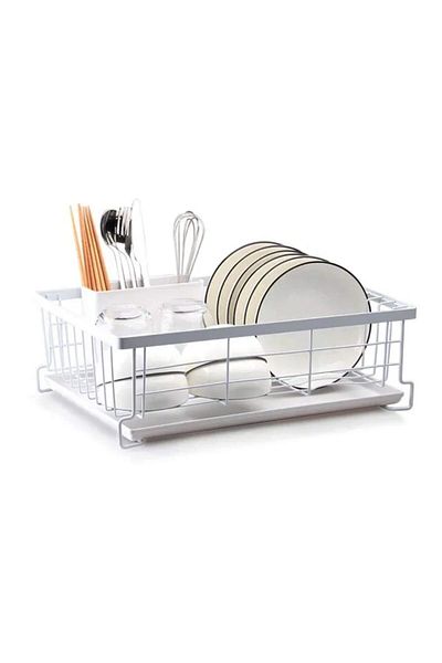 Quasar & Co. Dish Drainer, With Cutlery Holder, Draining Tray, Metal, 43.1x28.5x14 Cm, White
