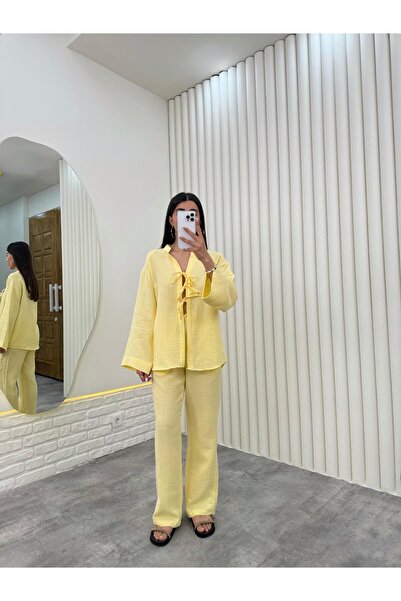 Gaus Yellow Front Tie-Up Elastic Waist Muslin Fabric Set Gaus00282