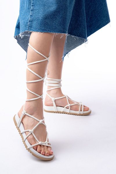 İNFON White Ankle Lace-Up Women's Sandals - 1001-1001 Model