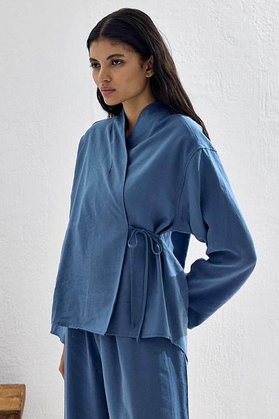 Hooopstore Set kimono Lyocell Cupra Indigo cu detaliu din dantela